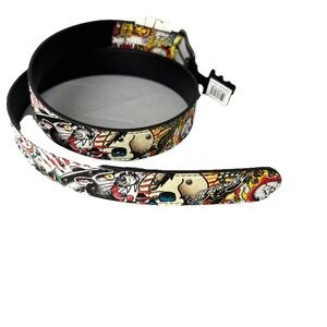 Ed Hardy Men's Skull Tiger Panther Print Belt With Hammered Rivet Studs SZ 36 NW